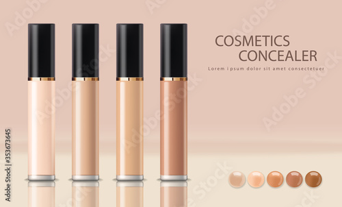 Realistic concealer bottle, makeup cosmetics, concealer of face skin corrective, packaging mockup isolated set, vector illustration