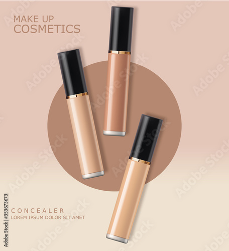 Realistic concealer bottle, makeup cosmetics, concealer of face skin corrective, packaging mockup isolated set, vector illustration