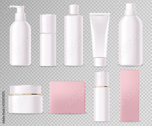 Realistic cosmetics, pink design, white bottle set, packaging mockup, skin care, hydration cream, toner, cleanser, serum, beauty card, face treatment, isolated container 3d white background vector