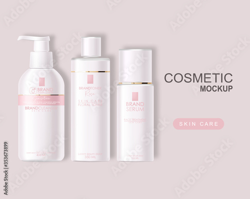 Realistic cosmetics, pink design, white bottle set, packaging mockup, skin care, hydration cream, toner, cleanser, serum, beauty card, face treatment, isolated container 3d white background vector
