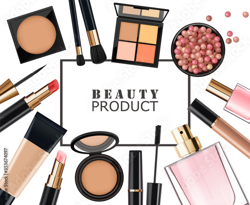 Realistic cosmetics make up set, big collection makeup product, powder, lipstick, mascara, makeup brush, eye shadow, concealer, nail polish, perfume and eyeliner, vector facial set