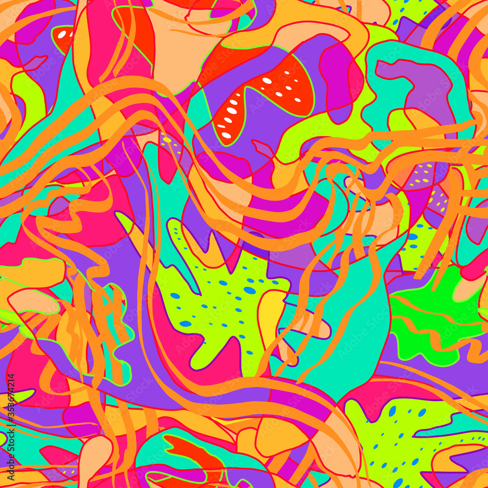 Geometric doodle pattern fiction psychedelic. Neon current shapes vibrant. Vivid tropical flowers. Abstract color vector memphis printing children's prints on textiles, fabrics, clothes, boys, girls.
