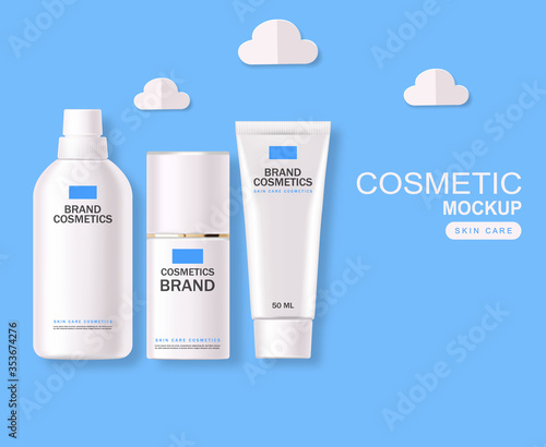 Realistic cosmetics, blue design, white bottle set, packaging mockup, skin care, hydration cream, toner, cleanser, serum, beauty card, face treatment, isolated container 3d white background vector
