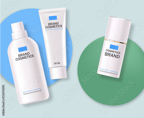 Realistic cosmetics, blue design, white bottle set, packaging mockup, skin care, hydration cream, toner, cleanser, serum, beauty card, face treatment, isolated container 3d white background vector