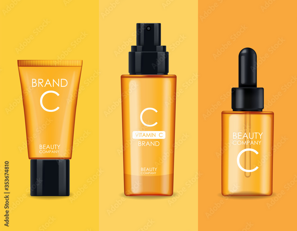 Vitamin C cosmetics, mask, cream and serum set, beauty company, skin care bottle, realistic package mockup and fresh citrus, treatment essence, beauty cosmetics, vector banner