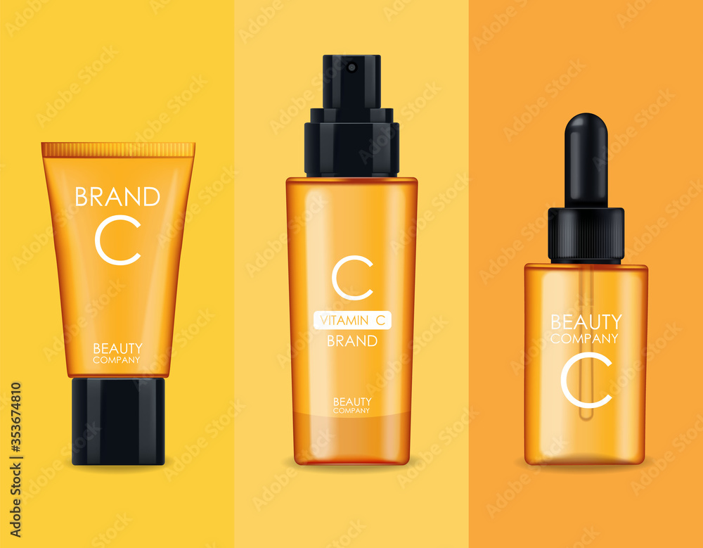 Vitamin C cosmetics, mask, cream and serum set, beauty company, skin care bottle, realistic package mockup and fresh citrus, treatment essence, beauty cosmetics, vector banner Vitamin C cosmetics, mask, cream and serum set, beauty company, skin care bottle, realistic package mockup and fresh citrus, treatment essence, beauty cosmetics, vector banner