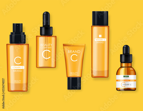 Vitamin C cosmetics, mask, cream and serum set, beauty company, skin care bottle, realistic package mockup and fresh citrus, treatment essence, beauty cosmetics, vector banner