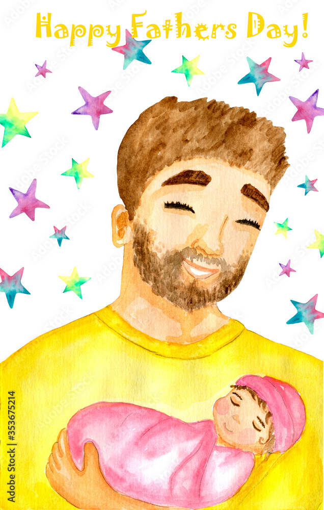 Happy Father's Day. Cute watercolor hand drawn illustration for a holidays poster, greeting card or banner. Father with baby. Dad with daughter