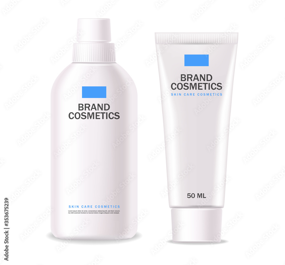 Realistic cosmetics, blue design, white bottle set, packaging mockup, skin care, hydration cream, toner, cleanser, serum, beauty card, face treatment, isolated container 3d white background vector Realistic cosmetics, blue design, white bottle set, packaging mockup, skin care, hydration cream, toner, cleanser, serum, beauty card, face treatment, isolated container 3d white background vector