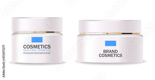 Realistic cosmetics, blue design, white bottle set, packaging mockup, skin care, hydration cream, toner, cleanser, serum, beauty card, face treatment, isolated container 3d white background vector