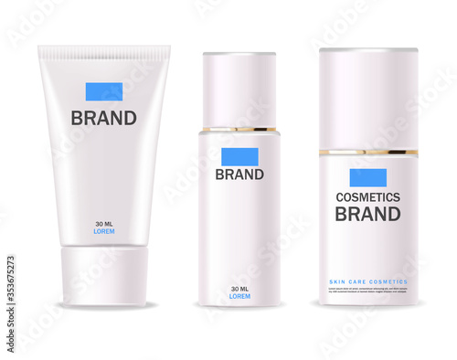 Realistic cosmetics, blue design, white bottle set, packaging mockup, skin care, hydration cream, toner, cleanser, serum, beauty card, face treatment, isolated container 3d white background vector