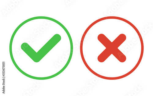 Flat vector icon. Green check mark and red cross outline icons. 