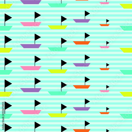 boat colorful with blue striped background seamless repeat pattern
