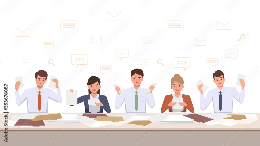 Group of Frustrated men and women team upset working with document on desk at office in flat icon design Group of Frustrated men and women team upset working with document on desk at office in flat icon design