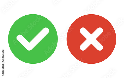 Flat vector icon. Green check mark and red cross. Right and wrong. Vector yes and no check marks on circles. Vector illustration.