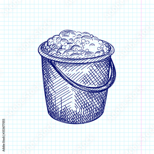 Hand-drawn sketch of bucket of soapy water on a white background. Cleaning equipment. Housekeeping and house work.	
