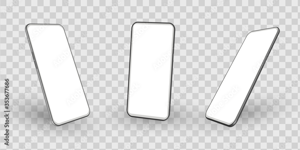 Smartphone mockup in rotated position on transparent background. Mobile from different angles with blank screen. Template for presentation 3D realistic device. Vector illustration for banner. Smartphone mockup in rotated position on transparent background. Mobile from different angles with blank screen. Template for presentation 3D realistic device. Vector illustration for banner.