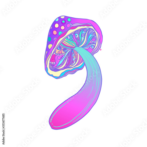 Magic mushrooms. Psychedelic hallucination. Vibrant vector illustration. 60s hippie colorful art in pink pastel goth colors isolated on white. Sticker, patch, poster graphic design.