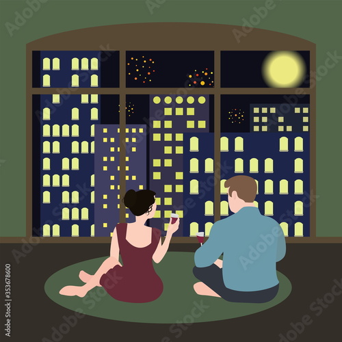 Romantic illustration, couple with glasses of wine sitting on the floor by the large window overlooking the night city