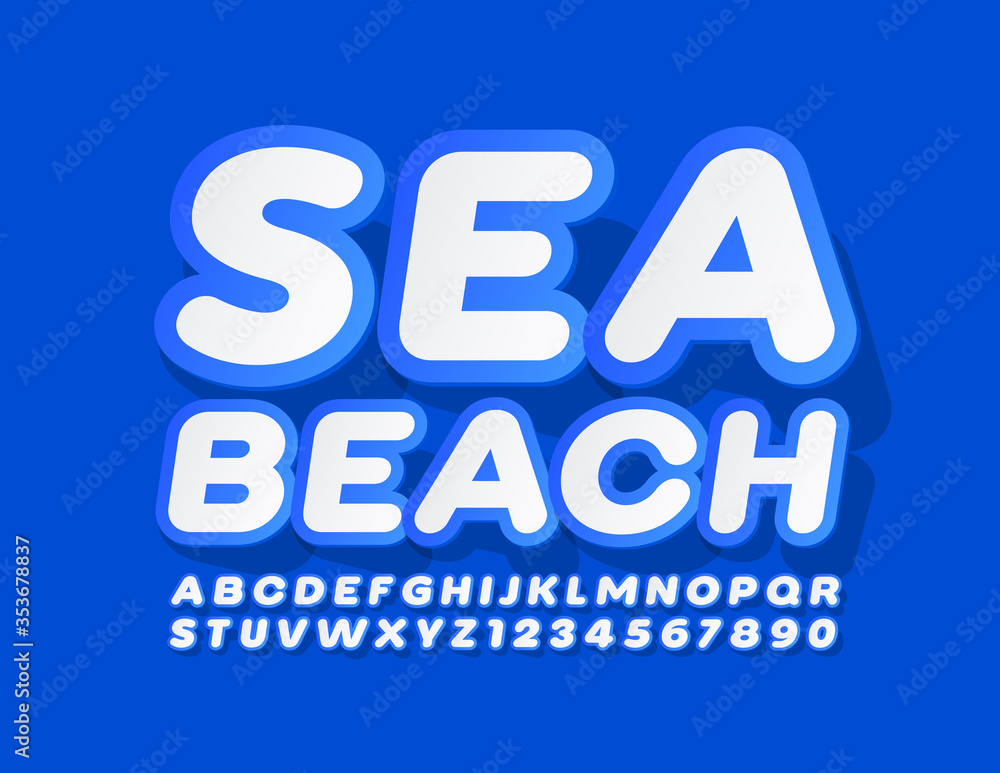 Vector creative emblem Sea Beach with White and Blue Font. Sticker Alphabet Letters and Numbers Vector creative emblem Sea Beach with White and Blue Font. Sticker Alphabet Letters and Numbers