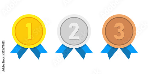 Vector award medals set golden, silver and bronze with blue ribbon isolated on white background. Winner medal with blue ribbon icon. Championship award. Achievement victory concept. 