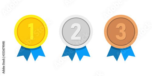 Vector award medals set golden, silver and bronze with blue ribbon isolated on white background. Winner medal with blue ribbon icon. Championship award. Achievement victory concept. 
