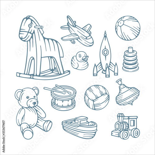 Toys. Set of hand drawn toys vector illustration. Toy sketch drawing icons collection isolated on white background. Part of set.