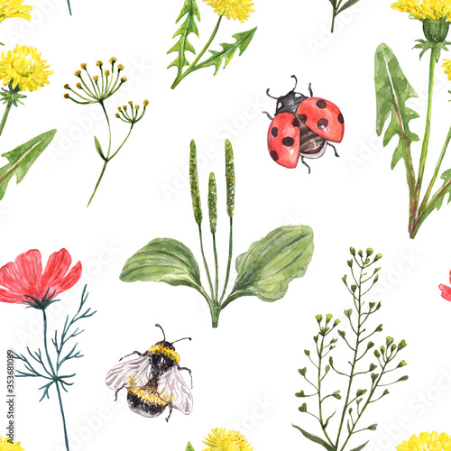 Watercolor wildflowers seamless pattern. Hand drawn red cosmos, yellow dandel...