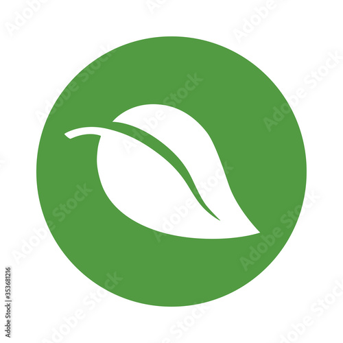 Vector icon white eco leaf in green circle isolated on white background.  Design Logo template.