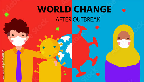 world change after corona virus outbreak,COVID-19 pandemic,New normal lifestyle concept,People wearing medical (surgical) mask and living together with the coronavirus,vector illustration for graphic