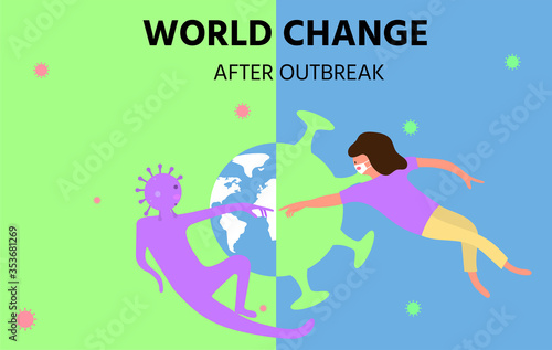 world change after corona virus outbreak COVID-19 pandemic New normal lifestyle concept People wearing medical  surgical  mask and living together with the coronavirus vector illustration for graphic