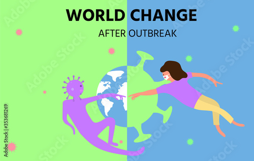 world change after corona virus outbreak,COVID-19 pandemic,New normal lifestyle concept,People wearing medical (surgical) mask and living together with the coronavirus,vector illustration for graphic