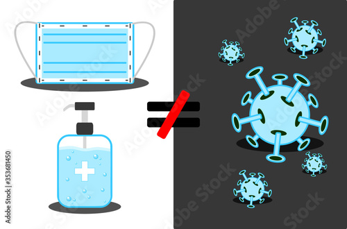 Flat icon cartoon medical face mask and blue alcohol gel to clean and sanitize hands. Used for protection against the spread of disease covid-19 (2019-nCoV) vector.