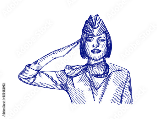 Hand-drawn sketch of flight attendant saluting. Cabin crew representative saluting. Airport stuff. Stewardess. 
