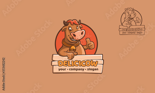 Delicicow Logo Cartoon Character. This image is a cow cartoon character logo template with thumb up, this image good for symbolize something that fun, happy feel, or enjoying. 