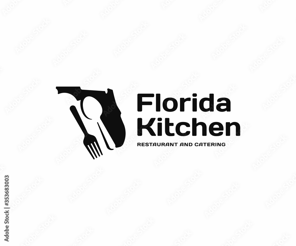 Florida kitchen and cutlery logo design. Restaurant and catering vector design. Florida state with spoon and fork logotype Florida kitchen and cutlery logo design. Restaurant and catering vector design. Florida state with spoon and fork logotype