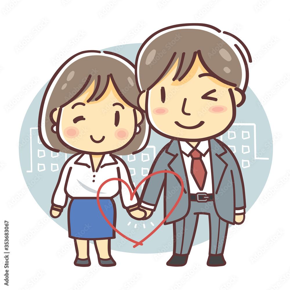会社員のカップルのイラスト(社内恋愛・男女・全身・背景あり) 会社員のカップルのイラスト(社内恋愛・男女・全身・背景あり)
