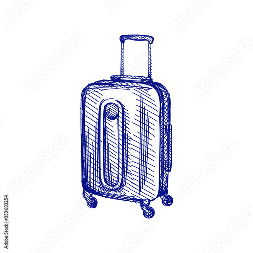 Hand-drawn sketch of suitcase. Hard plastic suitcase with rounded square corners and carrying handle on one side for transporting clothes, toiletries and other small possessions during trips. 