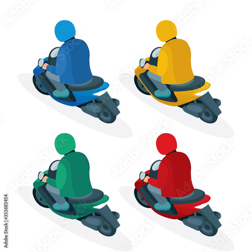 Male character on scooter. Scooter driver isometric vector illustration. Top, side and back view. Part of set.
