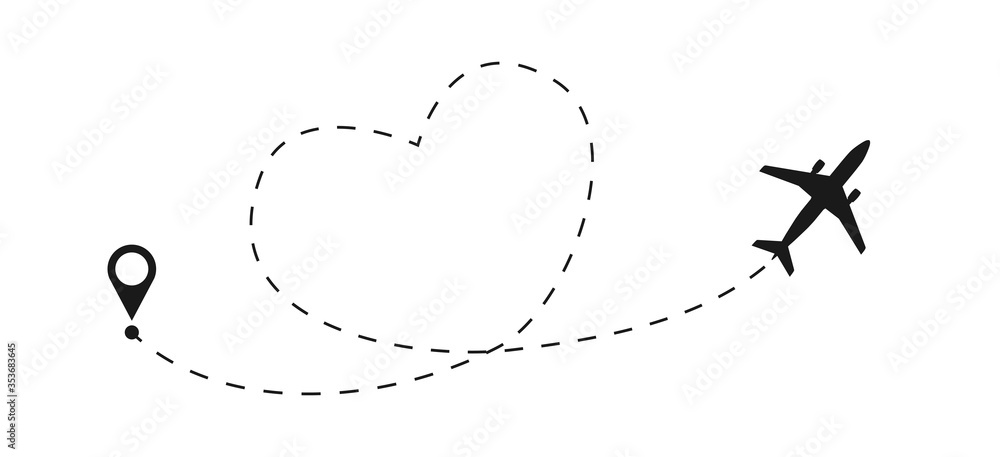 Love travel route. Airplane line path flat vector icon of air plane flight route. Travel logo. Heart and airplane. Vector illustration. Logo airplane. Isolated on white background. Love travel route. Airplane line path flat vector icon of air plane flight route. Travel logo. Heart and airplane. Vector illustration. Logo airplane. Isolated on white background.