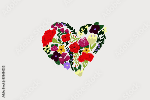 Corazón primaveral de flores como rosas, claveles, hojas, margaritas.