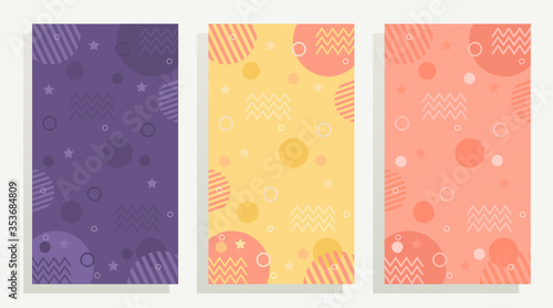 set of vertical story template vector backgrounds for social media with 3 color, purple, yellow and pink in flat design style.
