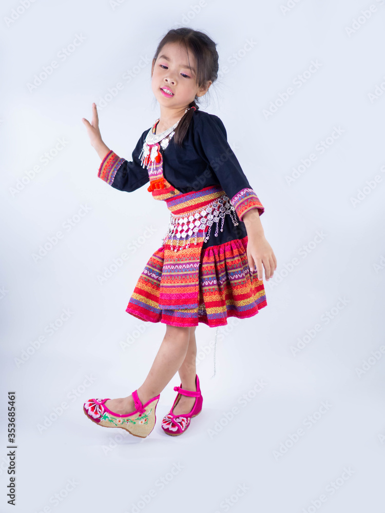Hmong children little girls wearing traditional dress Dancing on white background Hmong children little girls wearing traditional dress Dancing on white background