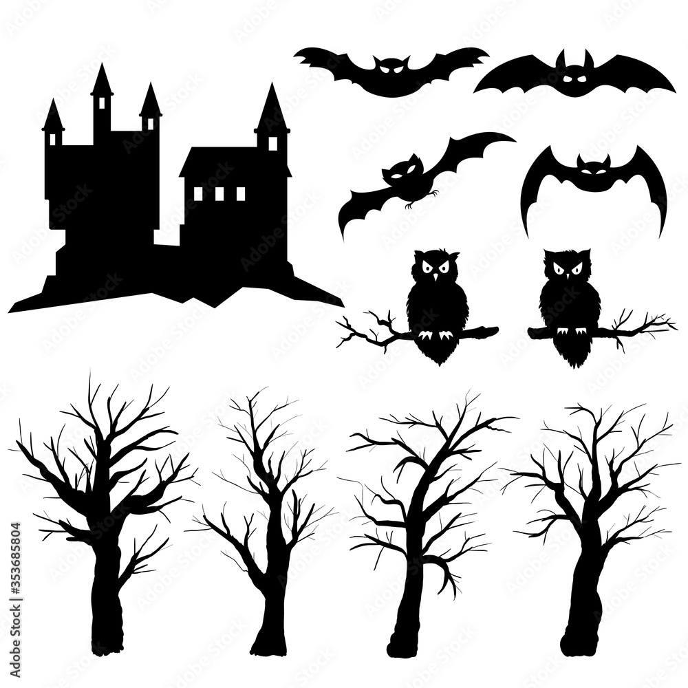 Set of silhouettes of bats, trees. Castle.
Fairytale elements for your design. Halloween. Magic.
Isolated.
Vector illustration