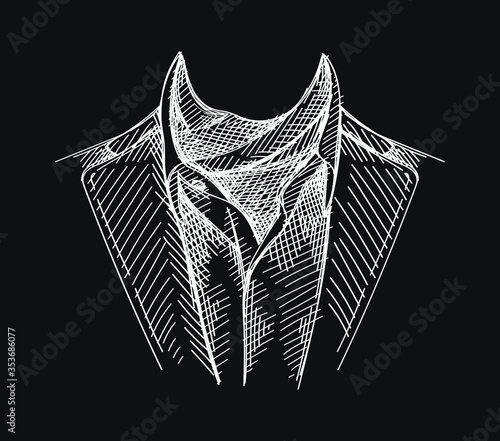 Hand-drawn sketch of a collar with cravat neckerchief on a black background. Collar and scarf model	