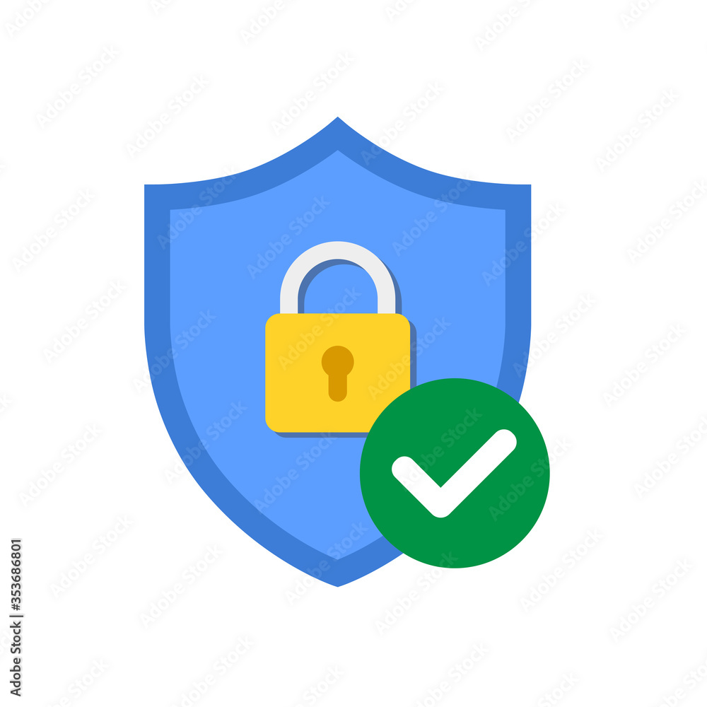 Vector blue shield with padlock icon and check mark design isolated on white background. Vector blue shield with padlock icon and check mark design isolated on white background.