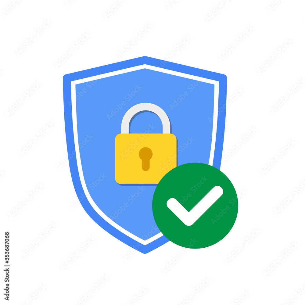 Vector blue shield with padlock icon and check mark design isolated on white background. Vector blue shield with padlock icon and check mark design isolated on white background.