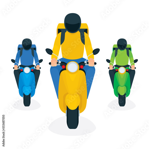 Delivery service courier. Takeaway delivery boy on scooter with thermal food case. Isometric vector illustration. Top and front view. Part of set.