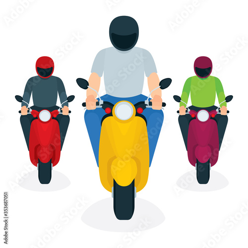 Young man in helmet riding a scooter. Top and front view of male character riding a motorbike. Isometric vector illustrations set. Part of collection.