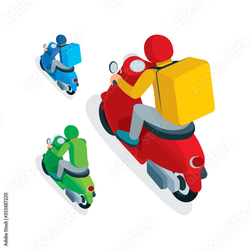Delivery service courier. Takeaway delivery boy on scooter with thermal food case. Isometric vector illustration. Top, back and side views. Part of set.
